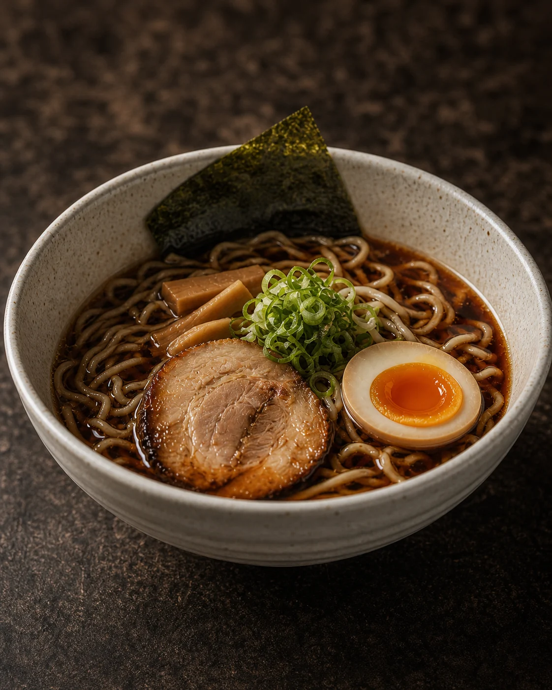 Shoyu ramen in a white bowl